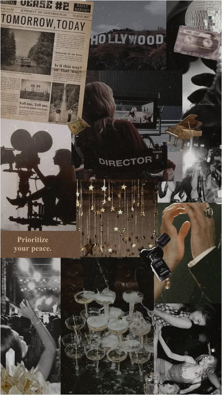 a collage of photos with people and objects in them, including an advertisement for the hollywood