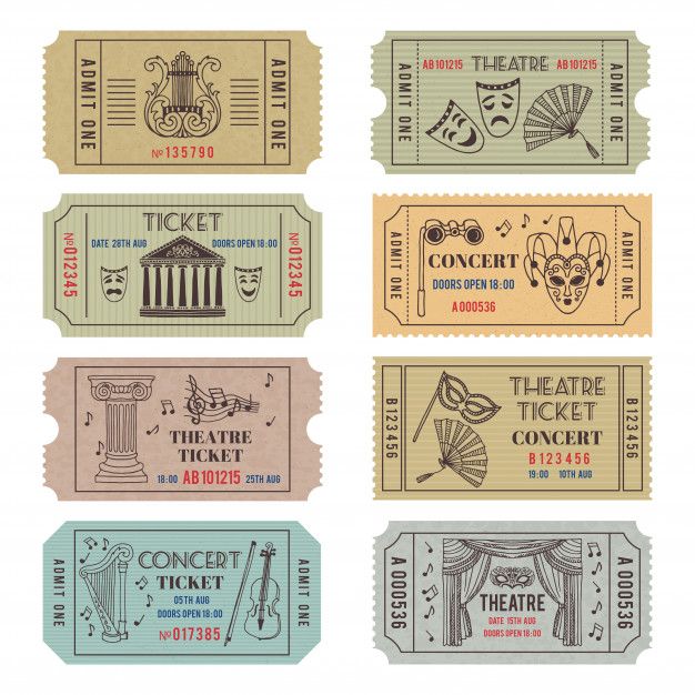 four tickets with different types of theatre and musical instruments on them, all in pastel colors