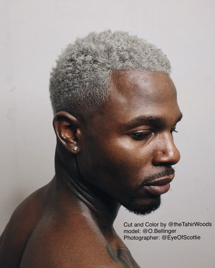 Grey Short Hair Men, Black Man White Hair, Black Men Dyed Hair Ideas, Black Men Hair Dye Ideas, Grey Hair Black Man, Black Men Hair Colour, Grey Dyed Hair, Bleach Hair Dye, Short Highlights