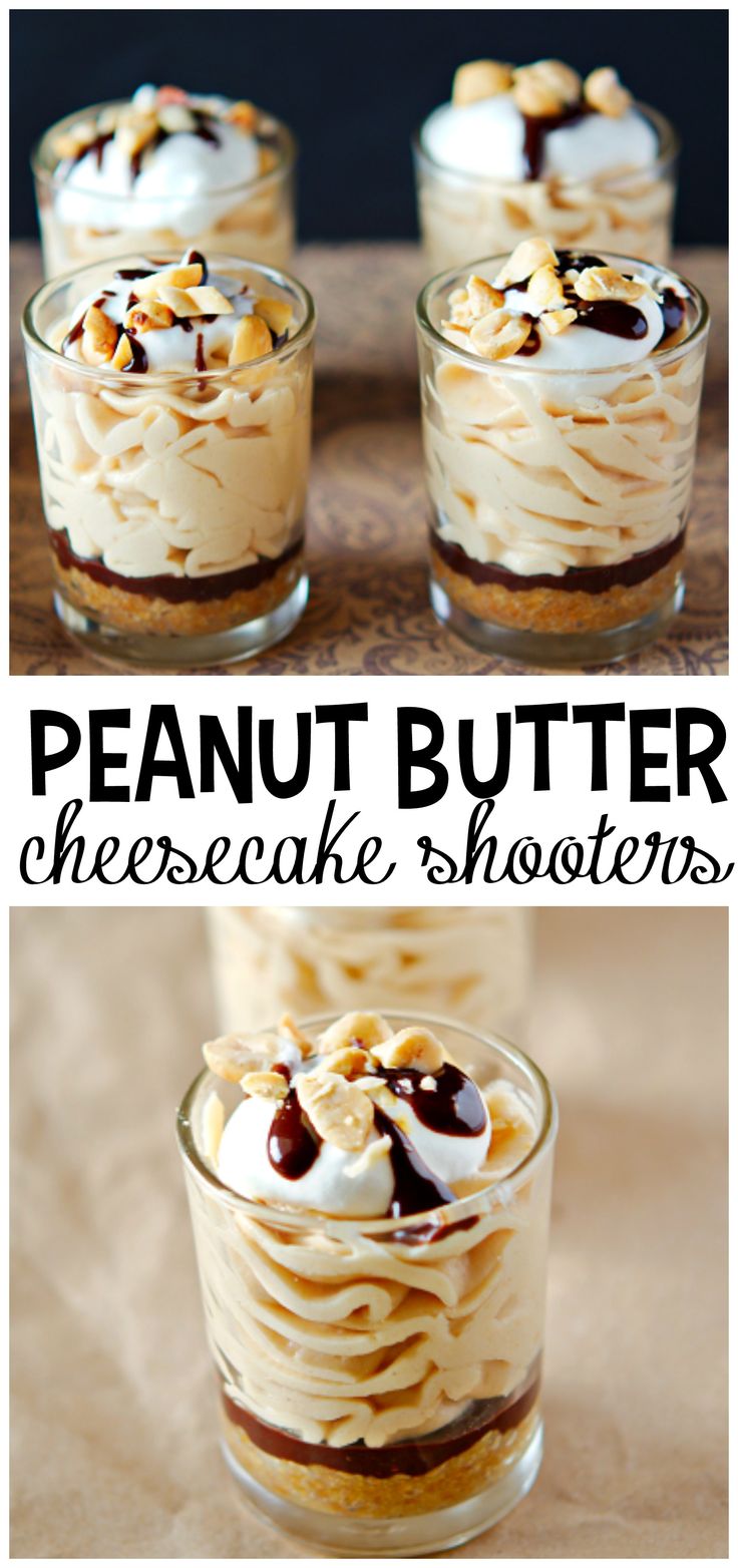 peanut butter cheesecake shooters with whipped cream and walnuts in the bottom, topped with chocolate