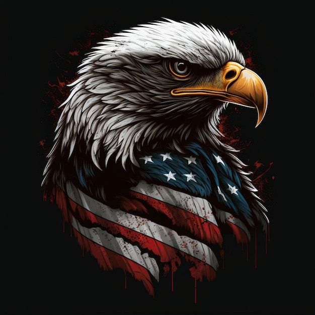 an eagle with the american flag painted on it's chest and head, in front of a black background