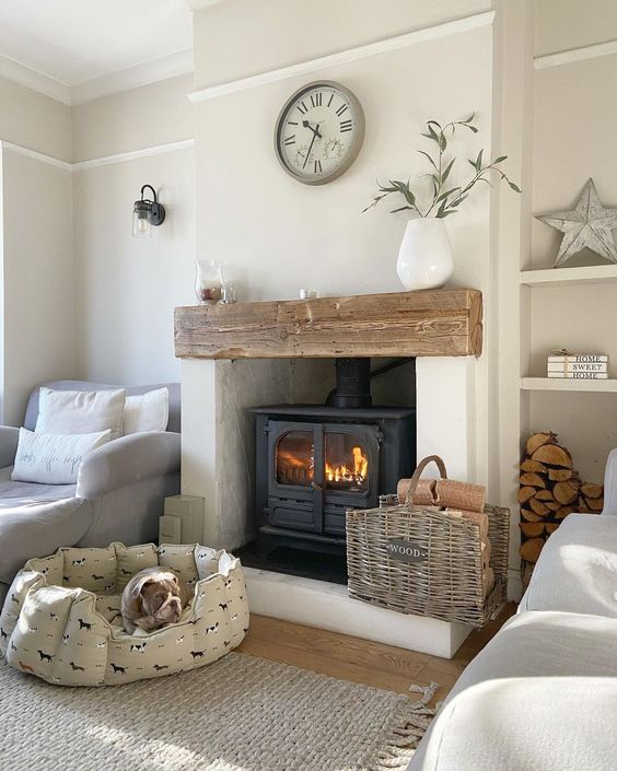 a living room filled with furniture and a fire place next to a wall mounted clock