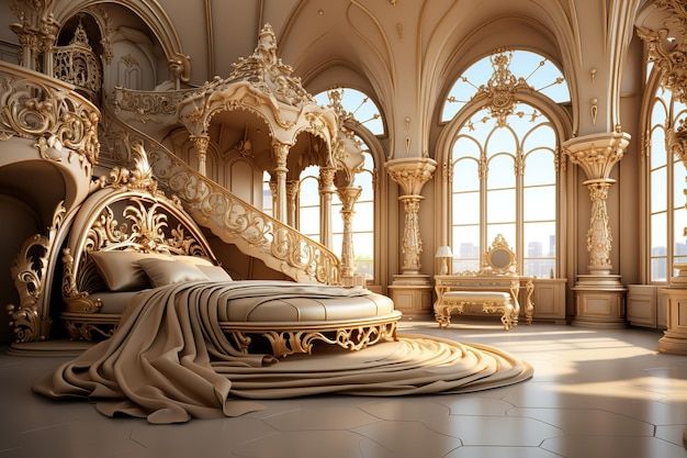 an elaborately designed bed in a large room with high ceilings and arched windows on either side