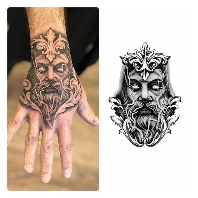 two hand tattoos, one with an image of a man's face on it