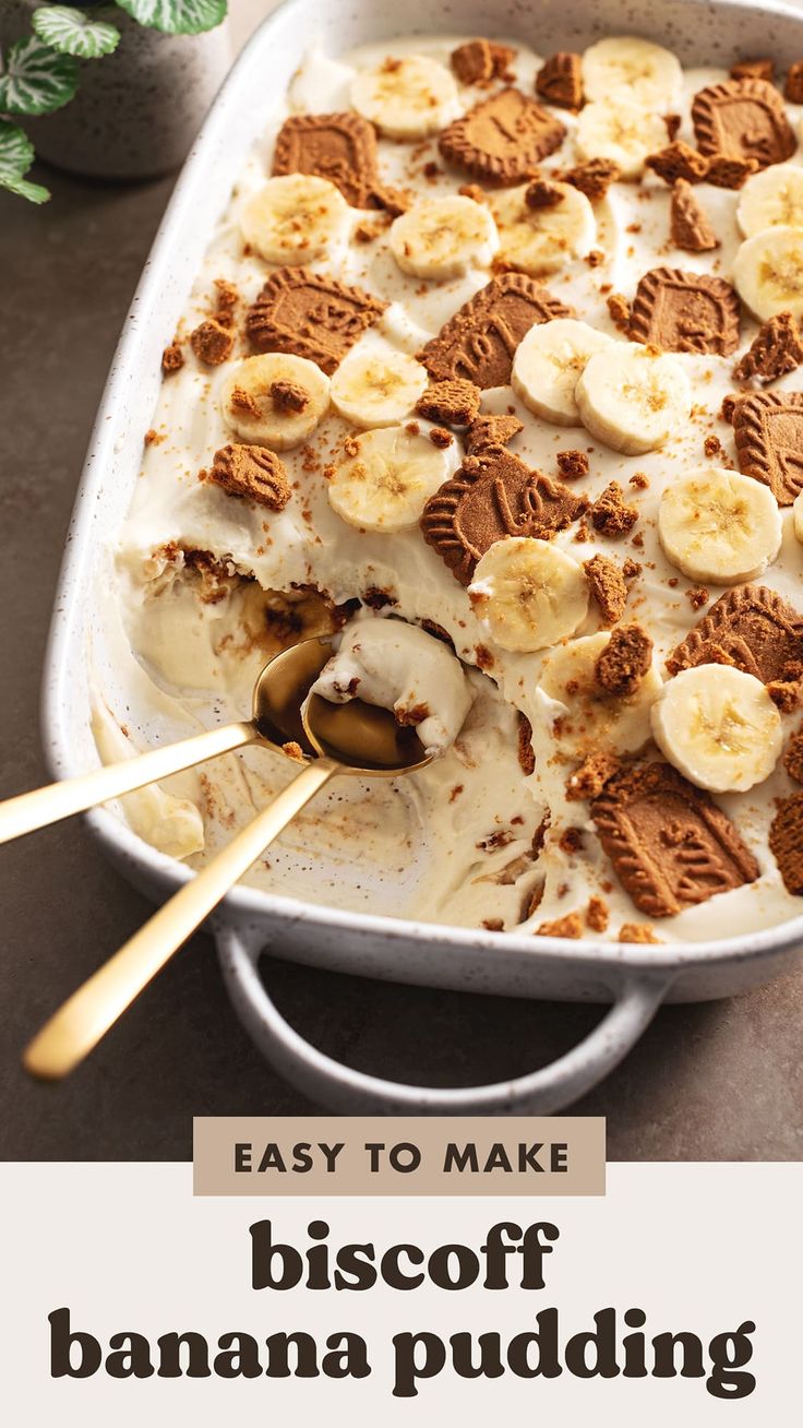 an easy to make biscoff and banana pudding recipe in a white baking dish