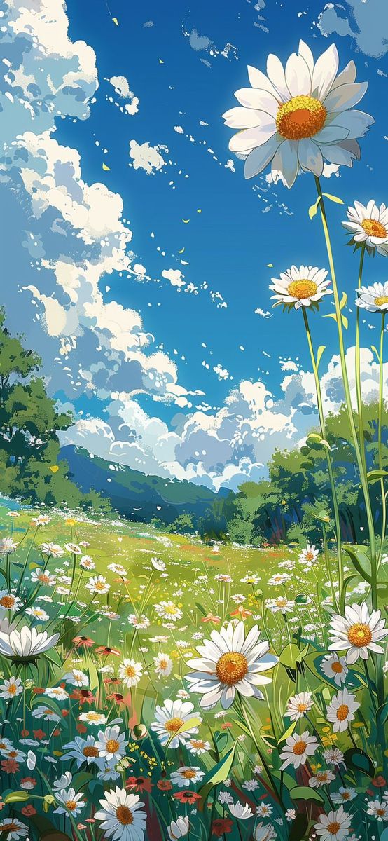 daisies in a field with blue sky and clouds