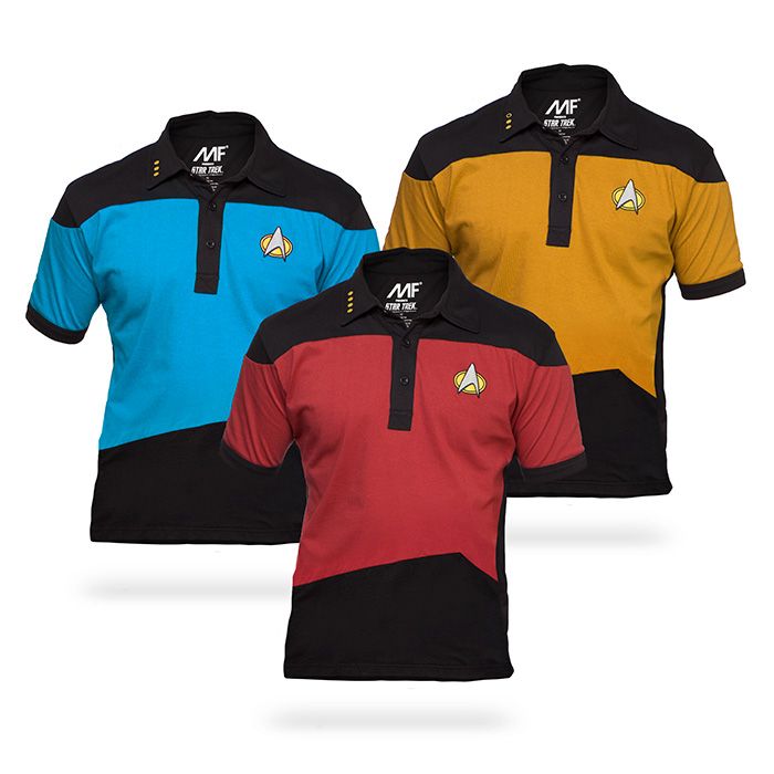 three men's polo shirts with star trek insignia on the chest and collars