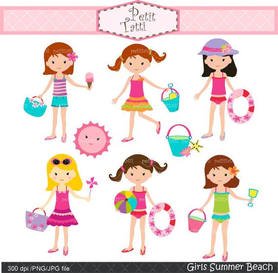 girls with beach accessories clipart