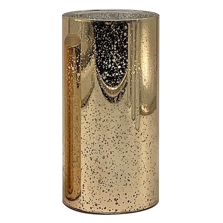 a gold vase with black speckles on it