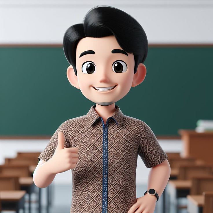 an animated man giving the thumbs up in front of a classroom full of desks