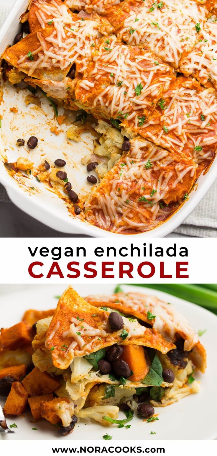 vegetarian enchilada casserole with black beans and cheese in a white dish