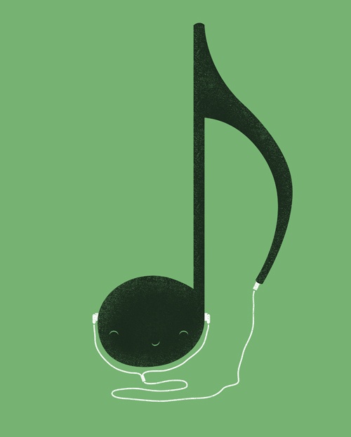 a black and white drawing of a musical note with headphones on it's ears