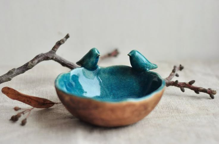 two little birds sitting in a small bowl