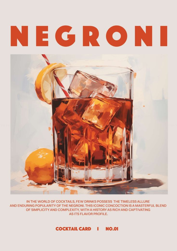 a painting of a glass of alcohol with ice and lemons Negroni Poster Vintage, Cocktail Design Ideas, Vintage Drink Poster, Negroni Painting, Vintage Cocktail Aesthetic, Vintage Cocktail Illustration, Negroni Art, Negroni Print, Rusty Nail Cocktail