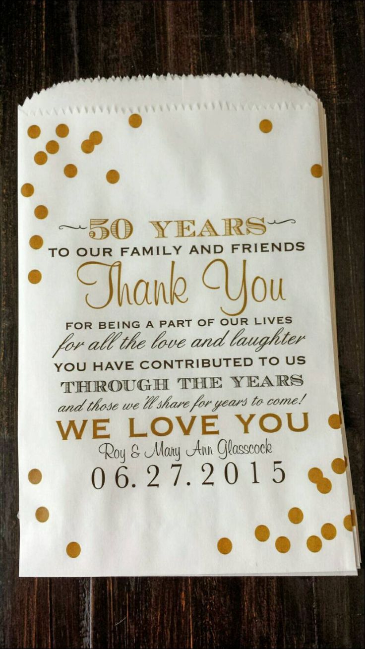 a napkin with gold polka dots on it that says, 50 years to our family and friends thank you