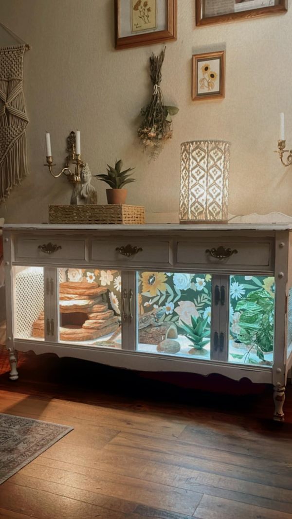 a table that has some food on top of it in front of a wall with pictures