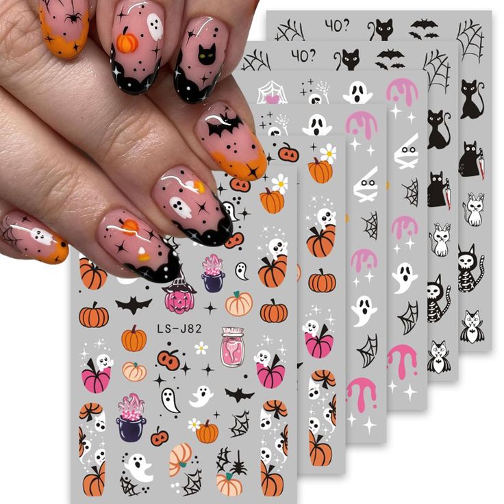 Pumpkin Nail Art, Halloween Manicure, Skull Nails, Halloween Fest, Pumpkin Nails, Nail Art Stickers Decals, Cat Skull, Manicure Diy, Spooky Designs