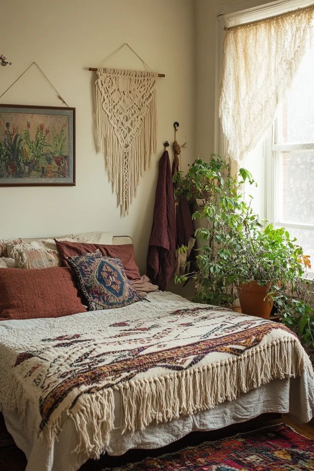 a bed sitting in a bedroom next to a window filled with potted plants and hanging decorations