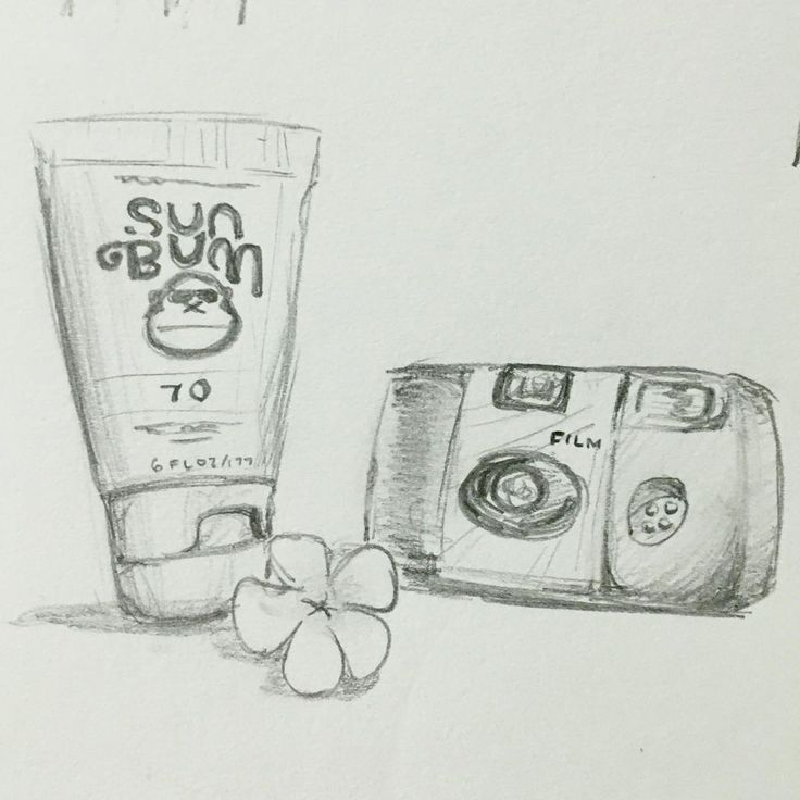 a pencil drawing of a camera and sunburn sunscreenr next to each other