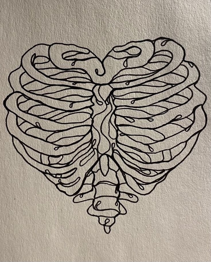 a black and white drawing of a heart shaped ribcage on a piece of paper