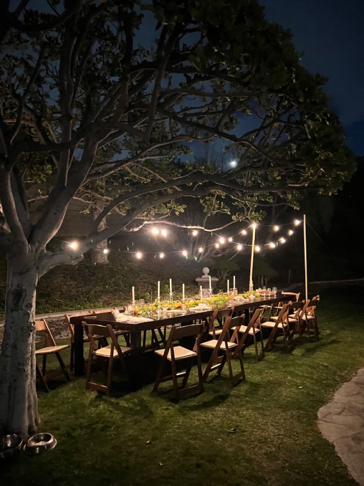 an outdoor dinner table set up with lit candles and greenery under a tree at night