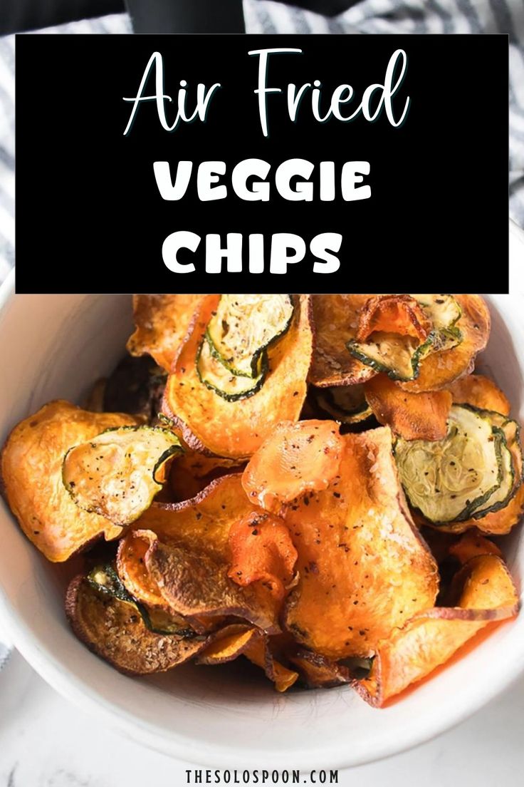 air fried veggie chips in a white bowl on a marble countertop with text overlay