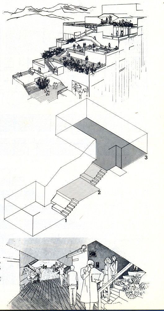 an architectural drawing shows the interior and exterior of a house, with people standing outside