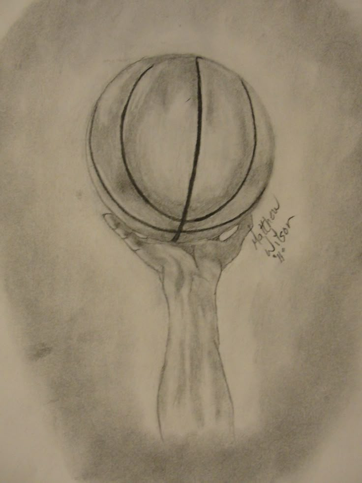 a drawing of a basketball being held up by someone's hand with the ball on it