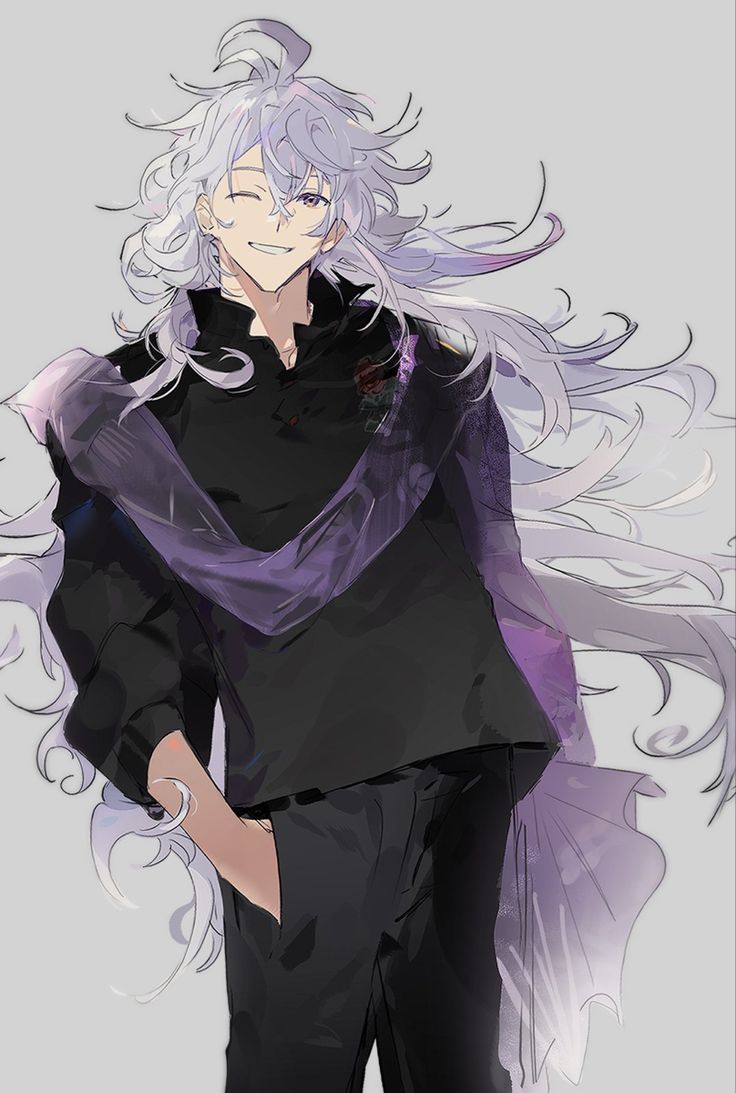 an anime character with long white hair wearing black and purple clothes, holding his hands on his hips