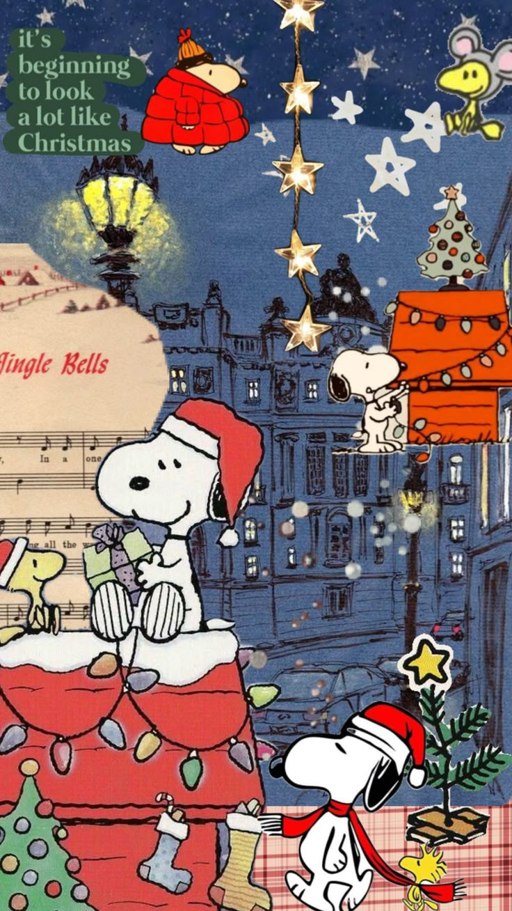 a snoopy christmas card with a dog on top of a tree and other holiday decorations