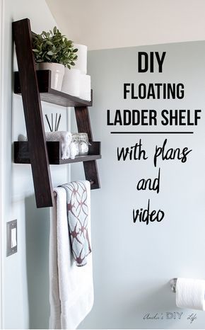 a ladder leaning against a wall with the words diy floating ladder shelf with plans and video on it