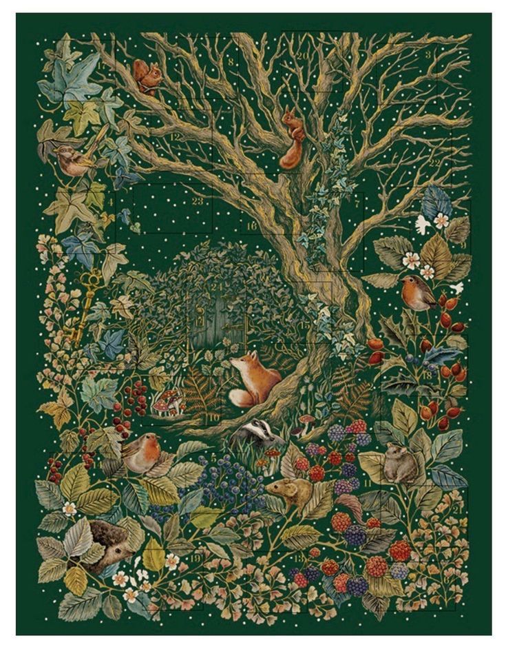 a tapestry with birds and flowers in the middle of it, on a green background