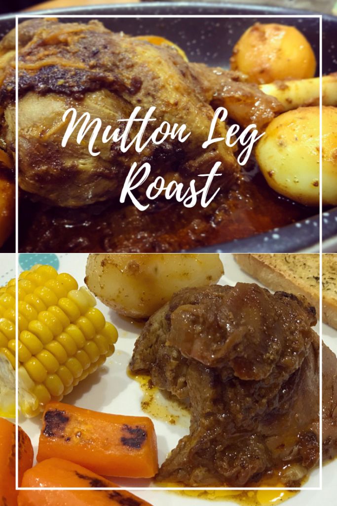 a plate with meat, potatoes and carrots next to the words mutton leg roast