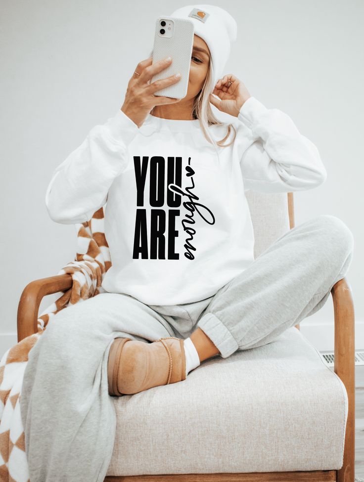 Our designs are pressed onto soft, unisex fitting apparel. Ideas For T Shirts Print, Tshirts Prints Ideas, Quotes On T-shirts, Shirt With Sayings, You Are Enough Sweatshirt, Creative Shirt Design Ideas, Back Print T Shirt Design, Popular Tshirt Designs Shirt Ideas, You Are Enough Shirt