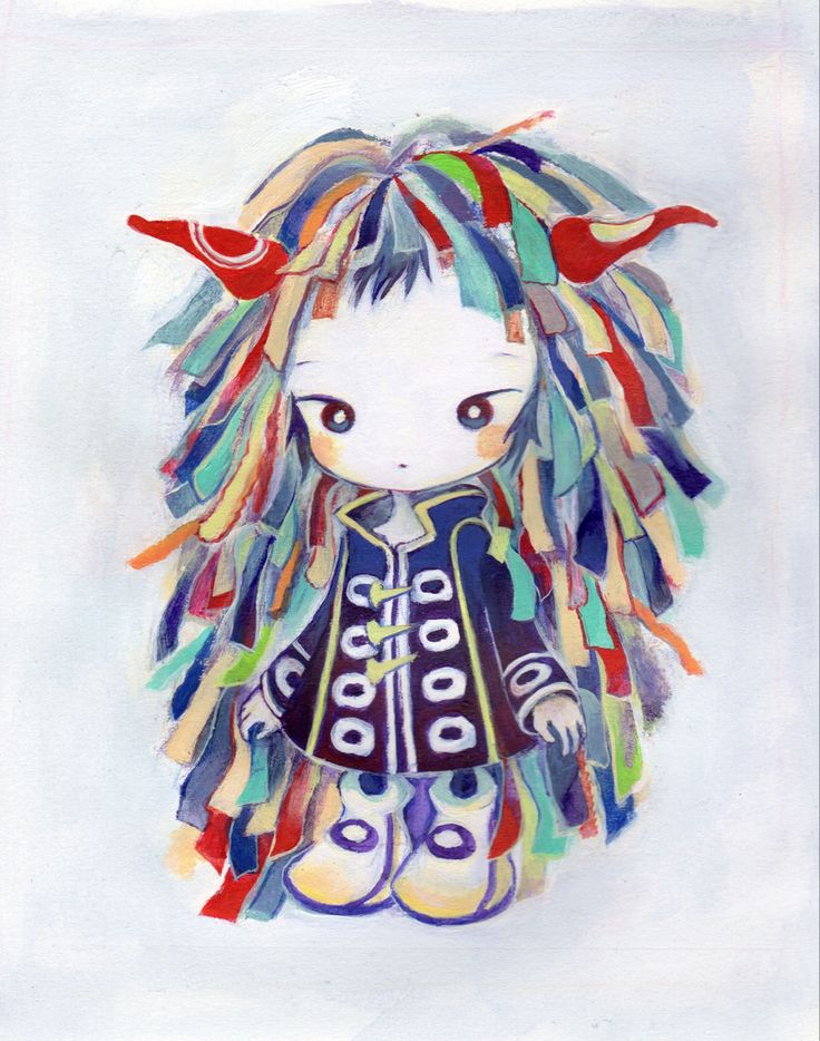 a drawing of a girl with long hair and birds on her head, wearing a jacket