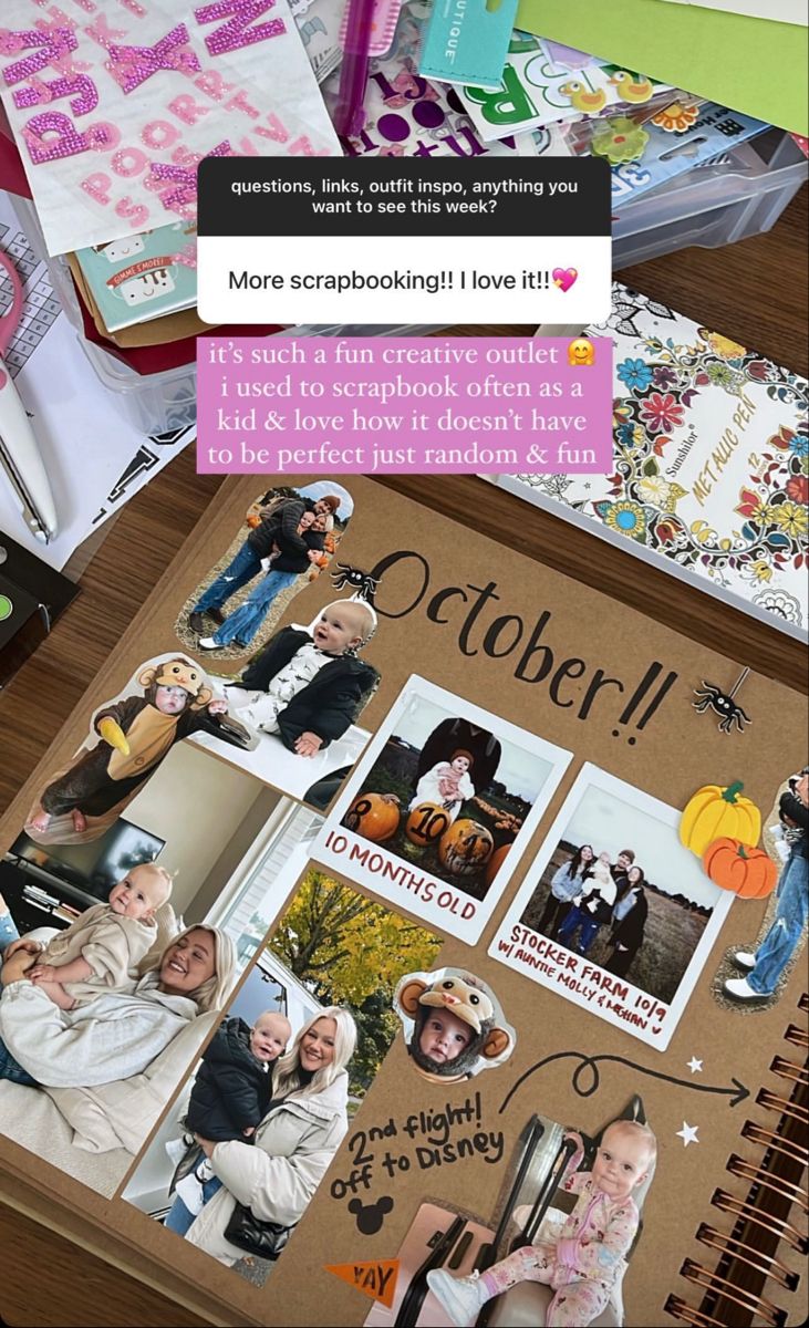 an open scrapbook with pictures and words on the cover is sitting on a table