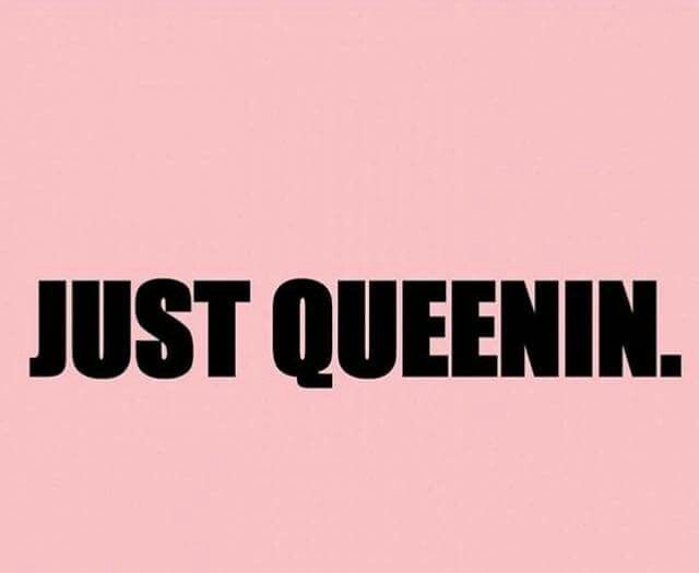 the words just queenin are in black on a pink background with an arrow pointing to it