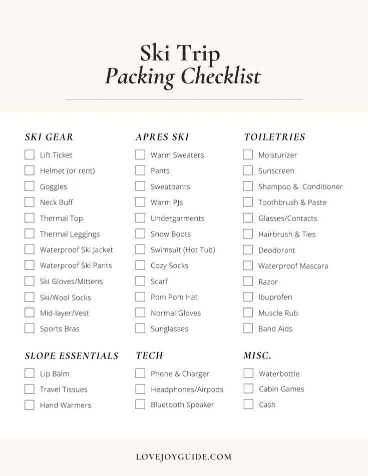 a printable ski trip packing checklist