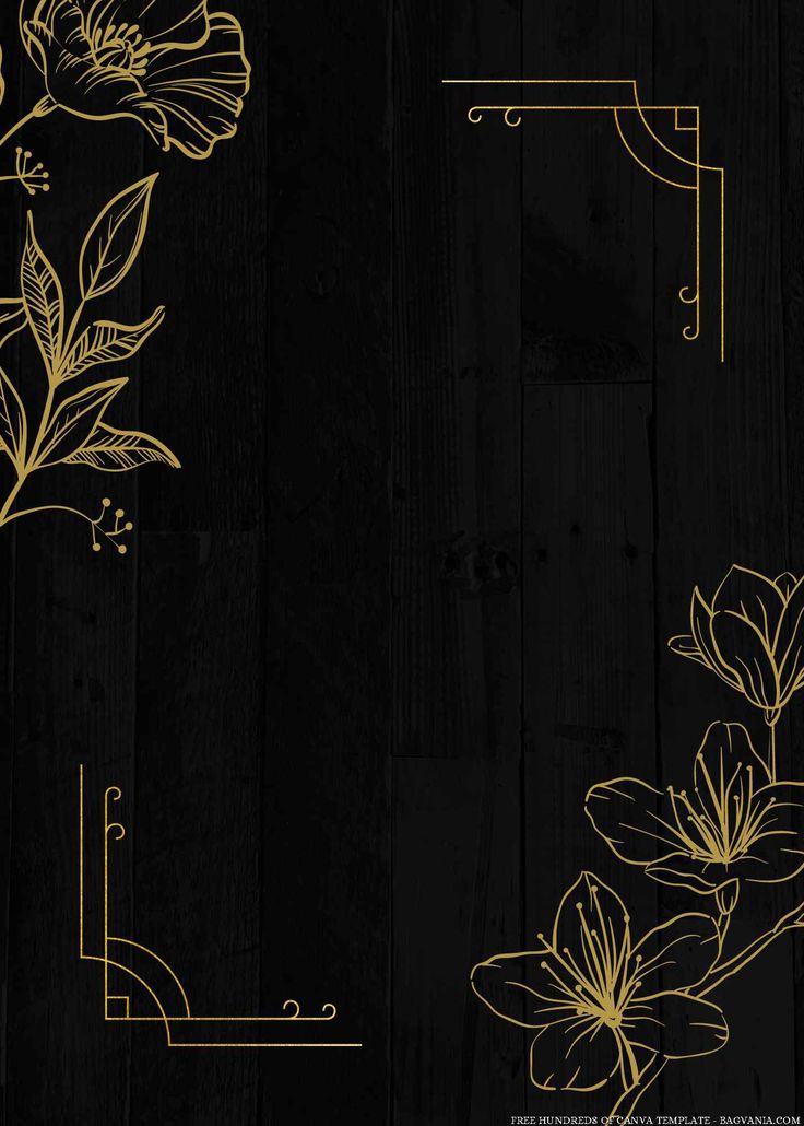 a black and gold background with flowers in the center, on top of a wooden floor