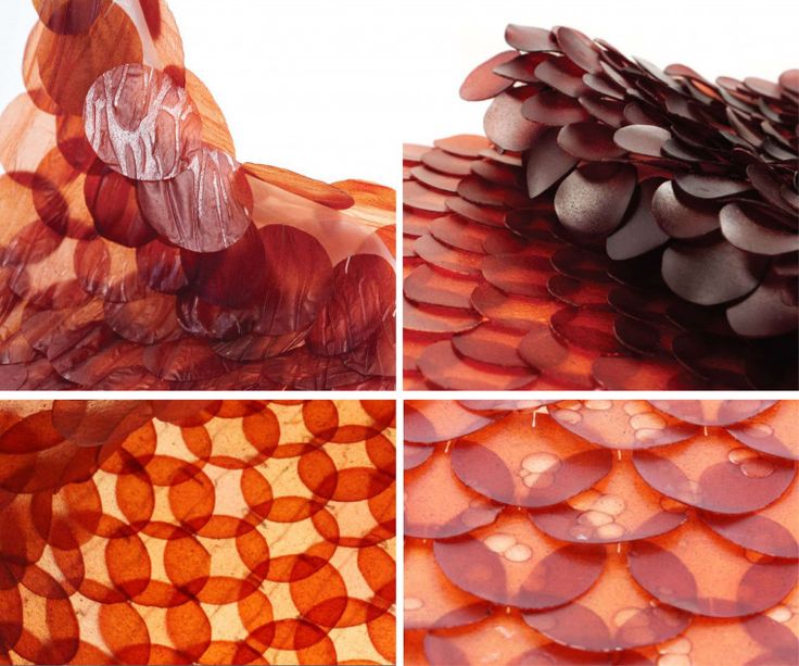 four different images of orange and red materials