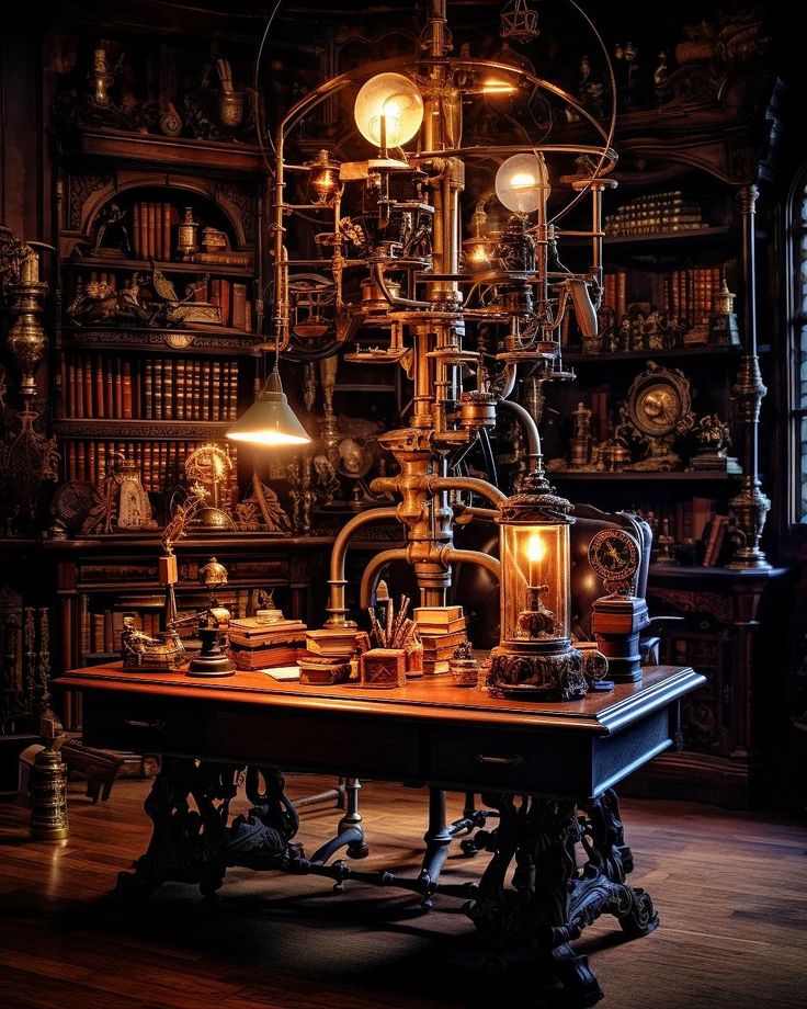 an old fashioned desk with lots of books and other items on it in a dark room