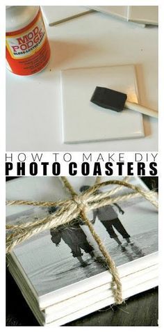 two photos tied up to each other with the words how to make diy photo coasters