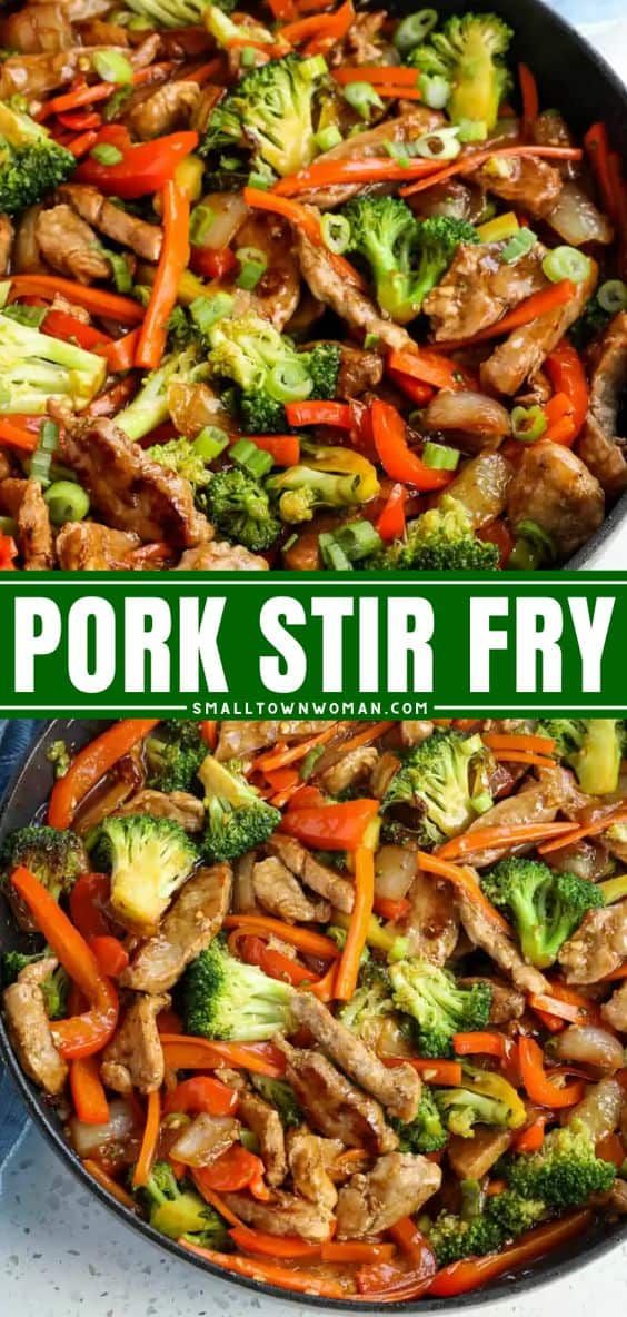 pork stir fry with broccoli and carrots in a skillet