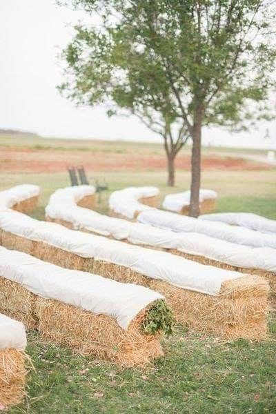 hay bales are lined up on the grass in front of a tree and bench