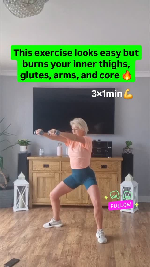 a woman is doing exercises in front of a tv with the caption'this exercise looks easy but burns your inner thighs, gluts, arms, and core