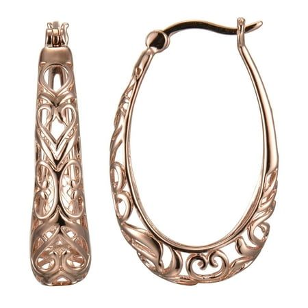 These Forever Facets filigree oval hoop womens earrings consist of beautifully high polished, rose gold over sterling silver. The minimalist styling is striking and will soon be your go-to choice to accessorize any outfit. Shipped in a jewelry presentation box, ready to be given as a gift to that special someone, it makes a perfect present for birthdays, holidays, Mothers Day, Valentines Day, for bridesmaids or for any special occasions. Size: one size.  Gender: female.  Age Group: adult. Rose Gold Oval Hoop Earrings For Formal Occasions, Formal Oval Rose Gold Hoop Earrings, Oval Rose Gold Hoop Earrings For Formal Occasions, Ornate Gold Hoop Earrings With Filigree, Ornate Filigree Hoop Earrings, Oval Filigree Earrings, Ornate Metal Filigree Hoop Earrings, Gold-plated Filigree Hoop Earrings, Brass Filigree Hoop Earrings