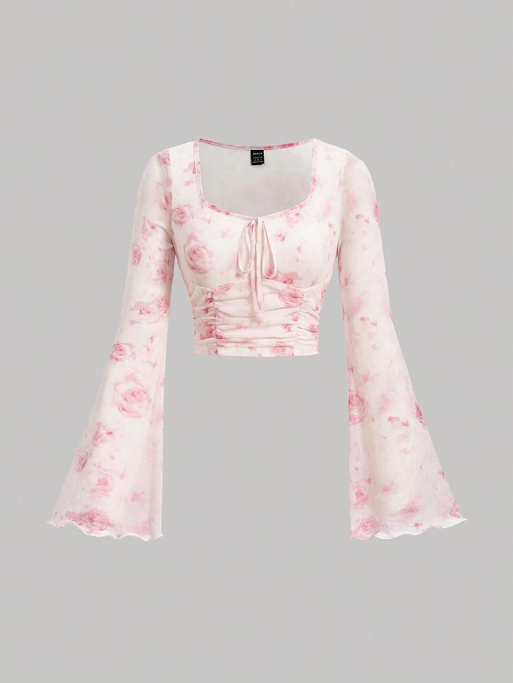 Women's Light-Pink Floral Printed Sweetheart Collar Flare Sleeve T-Shirt Baby Pink Casual  Long Sleeve Knitted Fabric Floral,Tie Dye  Medium Stretch  Women Clothing, size features are:Bust: ,Length: ,Sleeve Length: Pale Pink Clothes, Cute Tops To Wear With Jeans, Pink Cute Clothes, Pink Tops Aesthetic, Cute Shirts For School, Cute Pink Shirts, Cute Shein Clothes, Cute Pink Clothes, Pink Dress Outfit Casual