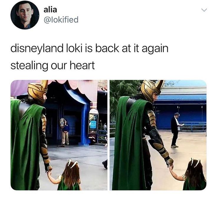 a person in costume holding hands with another person dressed up as loki the avengers and text that reads, disney land is back at again stealing our heart