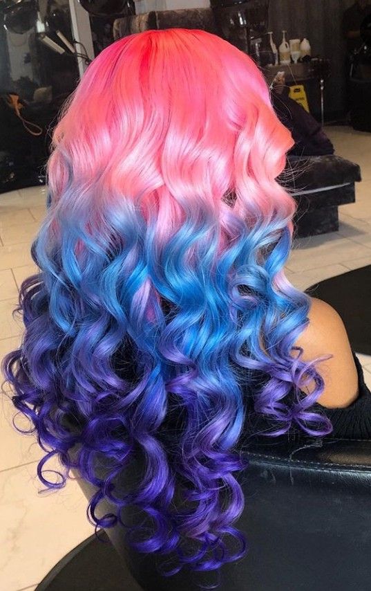 Pink blue purple hair Pink Purple Ombre Hair, Bright Ombre Hair, Summer Color Hair Ideas, Pink Blue And Purple Hair, Pink Blue Purple Hair, Pink And Purple Hair Ideas, Purple And Teal Hair, Pink Purple And Blue Hair, Pink And Blue Hair Ideas