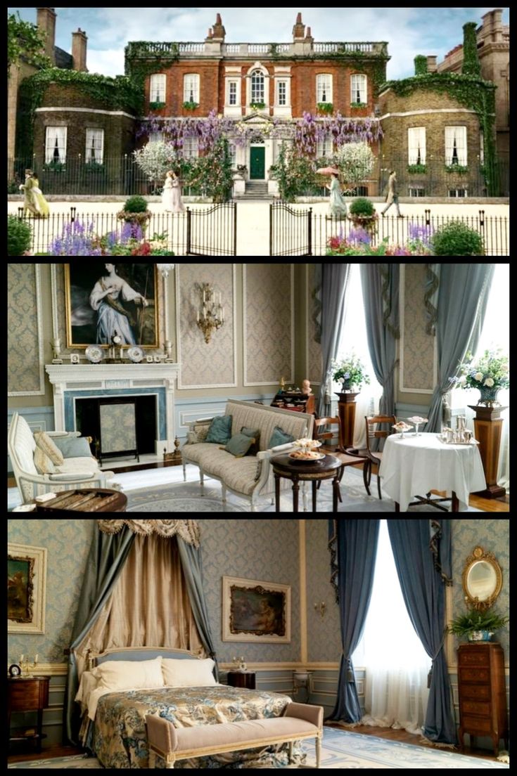 four different views of a living room and dining room in an old style house with flowers on the windows